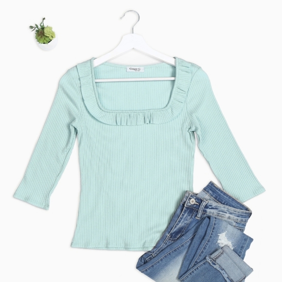 Mint Ruffled Square Neckline Ribbed Top - Picture 1 of 6